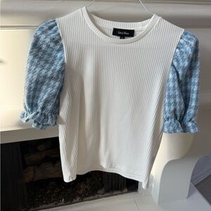 Lea & Viola White Ribbed Tee with Blue Puff Sleeves